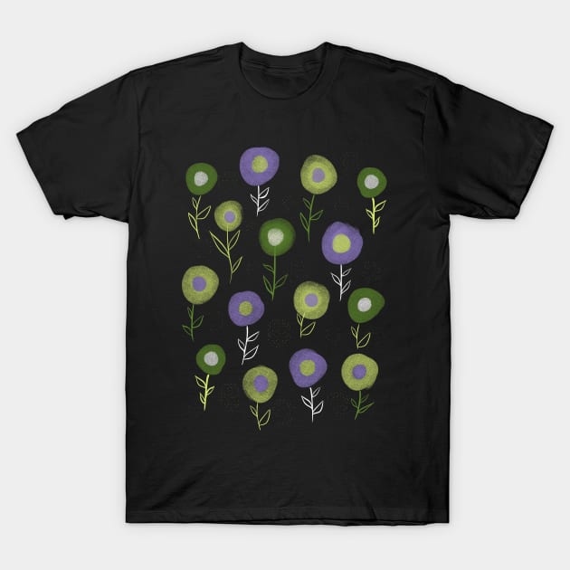 Dark Floral Pattern - Green Purple Round Flowers T-Shirt by Boriana Giormova